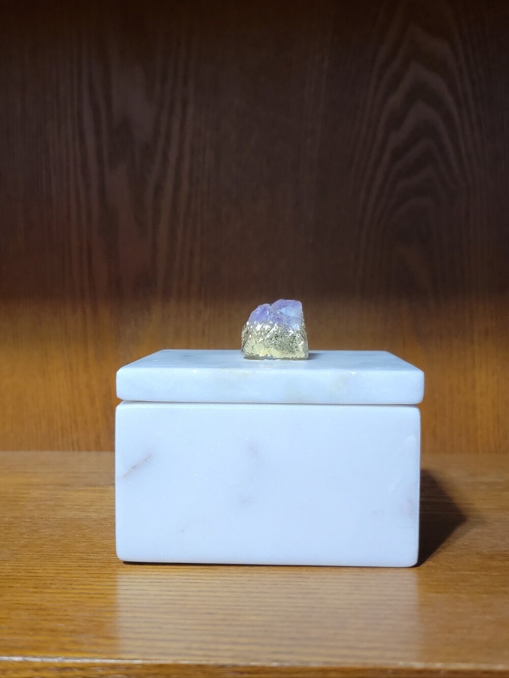 White Marble Trinket Box with Gold & Amethyst Crystal Accent